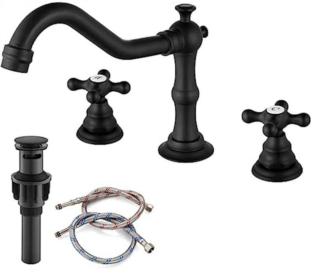 Dyiom 1-Piece Tub Accessories Set, 7.5 in. 3-Hole Matte Black Bathroom Sink Faucet with Pop-Up Drain 2-Handles