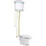 RENOVATORS SUPPLY MANUFACTURING India Reserve High Tank Toilet Single Flush Elongated Bowl in White and Green with Tank and Brass Rear Entry Pipes