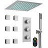 GRANDJOY RGB LED 5-Spray Ceiling Mount 12 in. Fixed and Handheld Shower Head 2.5 GPM in Brushed Nickel Thermostatic Valve