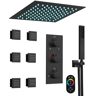 GRANDJOY RGB LED 5-Spray Ceiling Mount 12 in. Fixed and Handheld Shower Head 2.5 GPM in Matte Black Thermostatic Valve