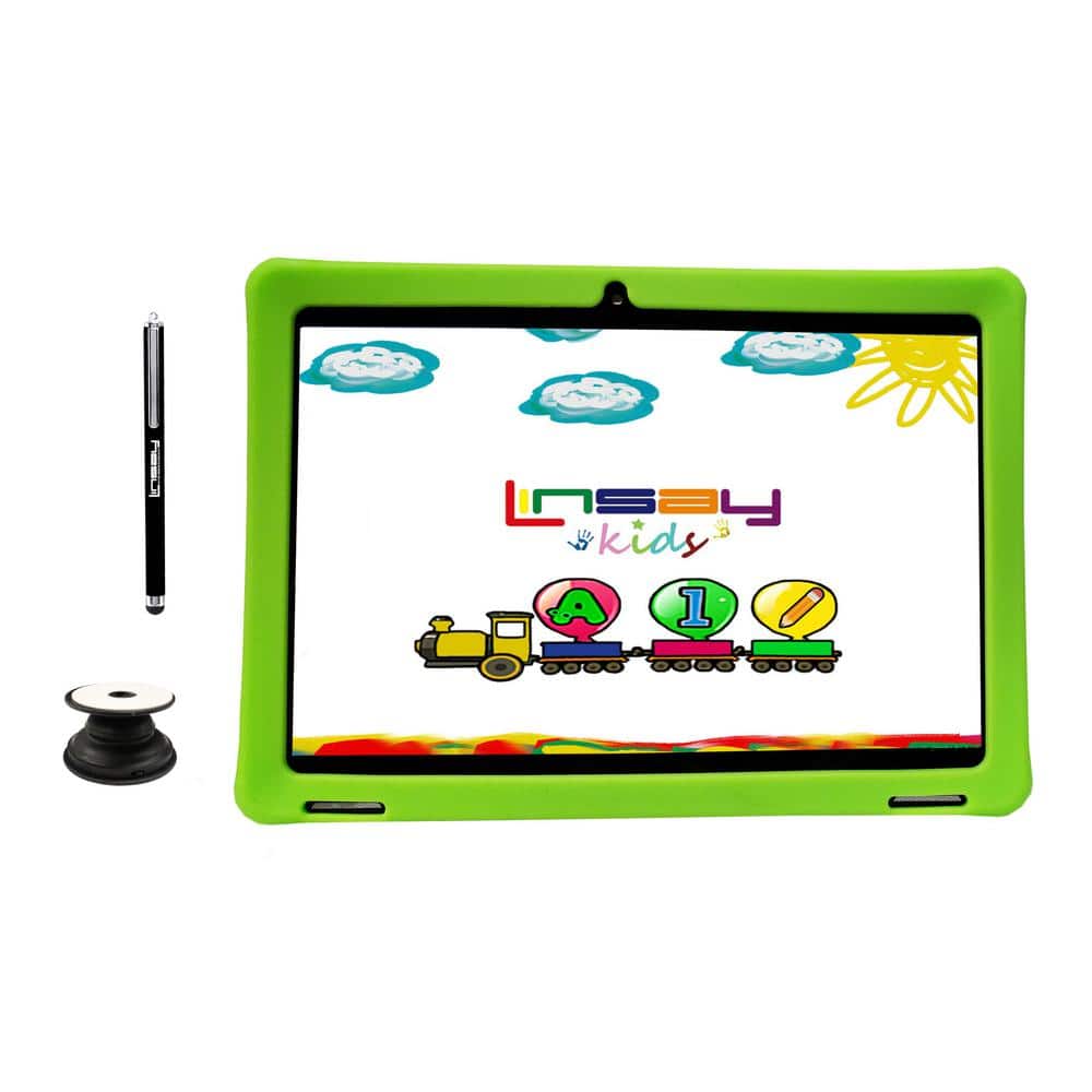 LINSAY 10.1 in. 1280x800 IPS 32GB Tablet Bundle with Green Kids Defender Case, Kids Smart Watch, Pen and Holder