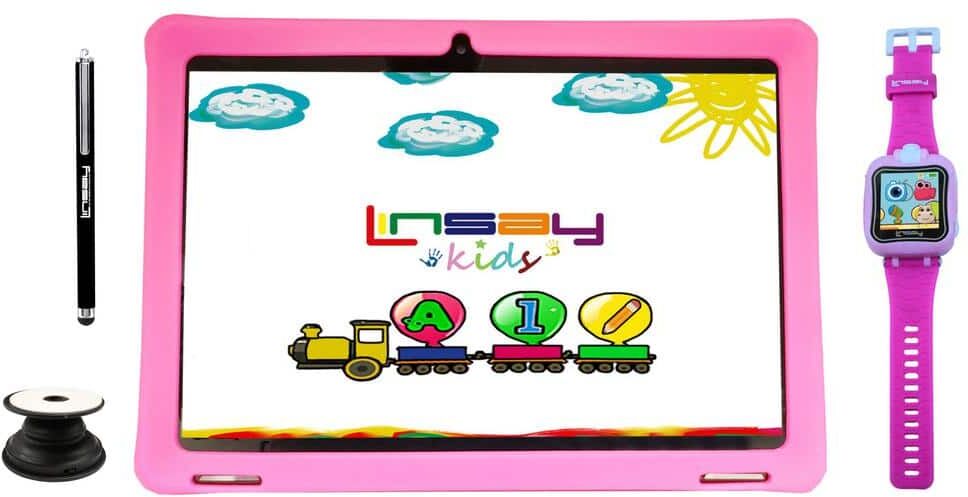 LINSAY 10.1 in. 1280x800 IPS 64GB Tablet Bundle with Pink Kids Defender Case, Kids Smart Watch, Pen and Holder Android 13