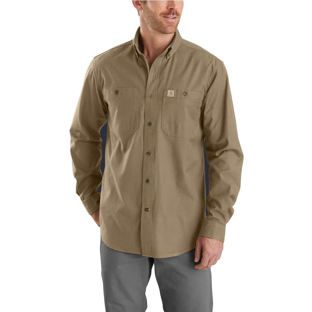 Carhartt Men's Extra Large Dark Khaki Cotton/Spandex Rugged Flex Rigby Long Sleeve Work Shirt