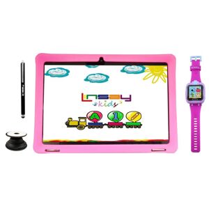 LINSAY 10.1 in. 1280x800 IPS 32GB Tablet Bundle with Pink Kids Defender Case, Kids Smart Watch, Pen and Holder, Black