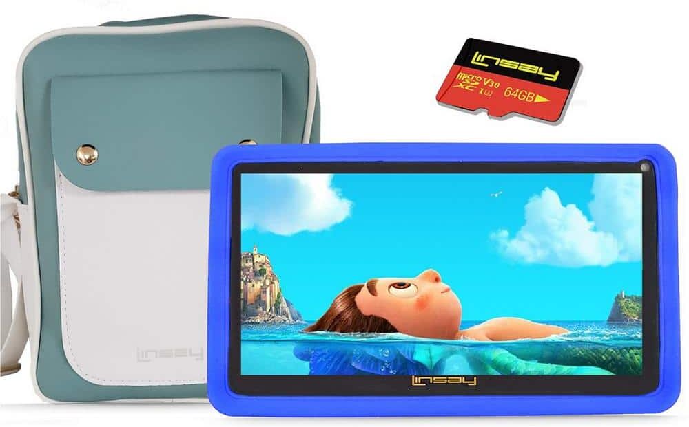 LINSAY 7 in. 2GB RAM 32GB Storage Android 12 Tablet with Blue Kids Defender Case, Fashion Bag and 128GB Micro SD Card