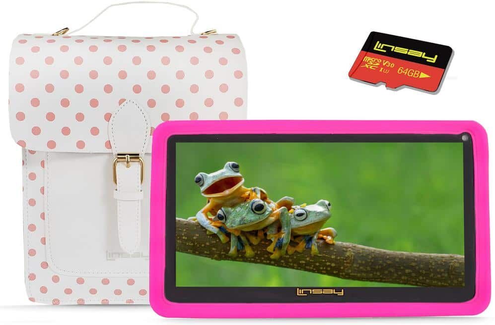 LINSAY 7 in. 64GB Android 13 Tablet with Pink Kids Defender Case, Fashion Bag and 64GB Micro SD Card