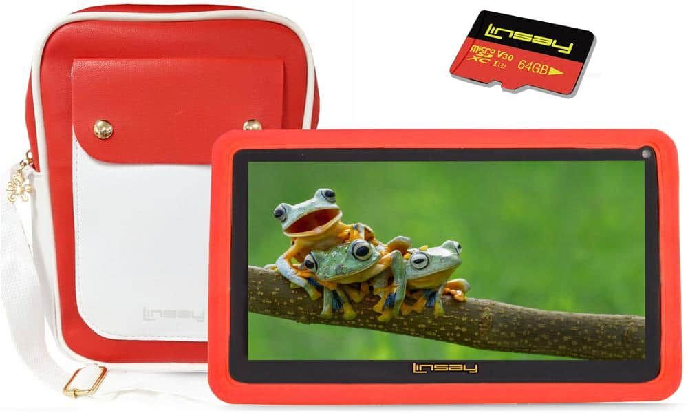 LINSAY 7 in. 2GB RAM 32GB Storage Android 12 Tablet with Red Kids Defender Case, Fashion Bag and 128GB Micro SD Card