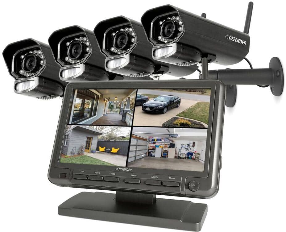 Defender PHOENIXM2 Non-Wi-Fi Plug-In Power Security Camera System with 7 in. Monitor SD Card Recording and 4 Night Vision Cameras