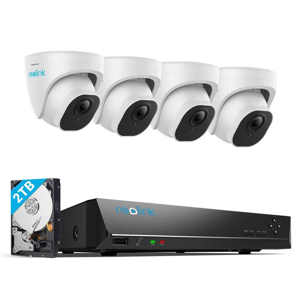 REOLINK NVS 8 Channel 4K Plus 2TB HDD Built-in Wired Security Camera System with NVR and 4x Smart Dome Security Cameras, White