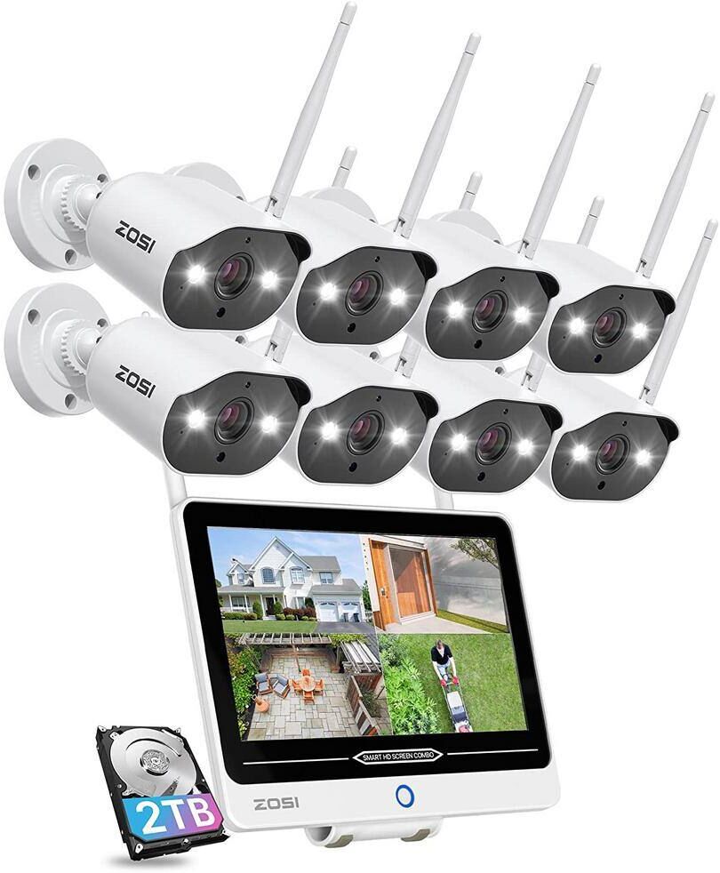 ZOSI 8-Channel 3MP 2TB NVR Security Camera System with 8 WiFi Spotlight Cameras and 12.5 LC.D Monitor, 2-Way Audio