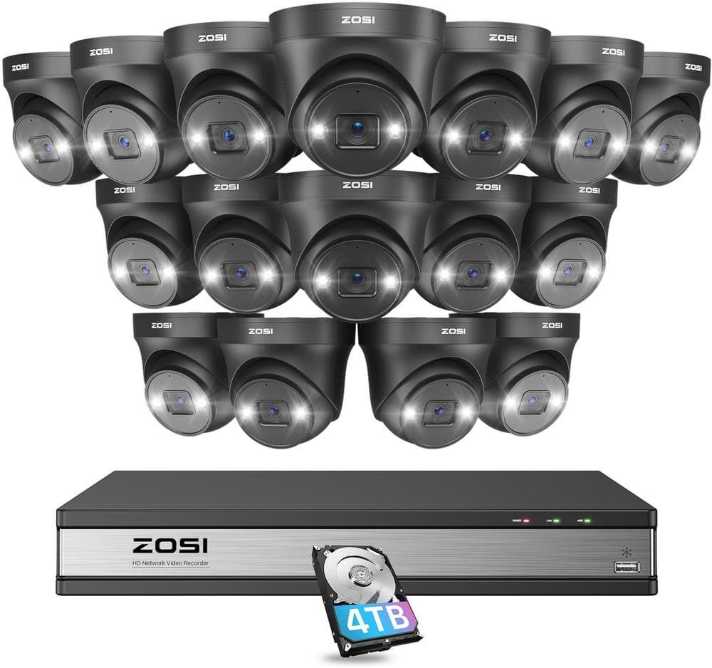 ZOSI 4K Ultra HD 16-Channel POE 4TB NVR Security Camera System with 16 Wired 8MP Spotlight Cameras, AI Human Car Detection