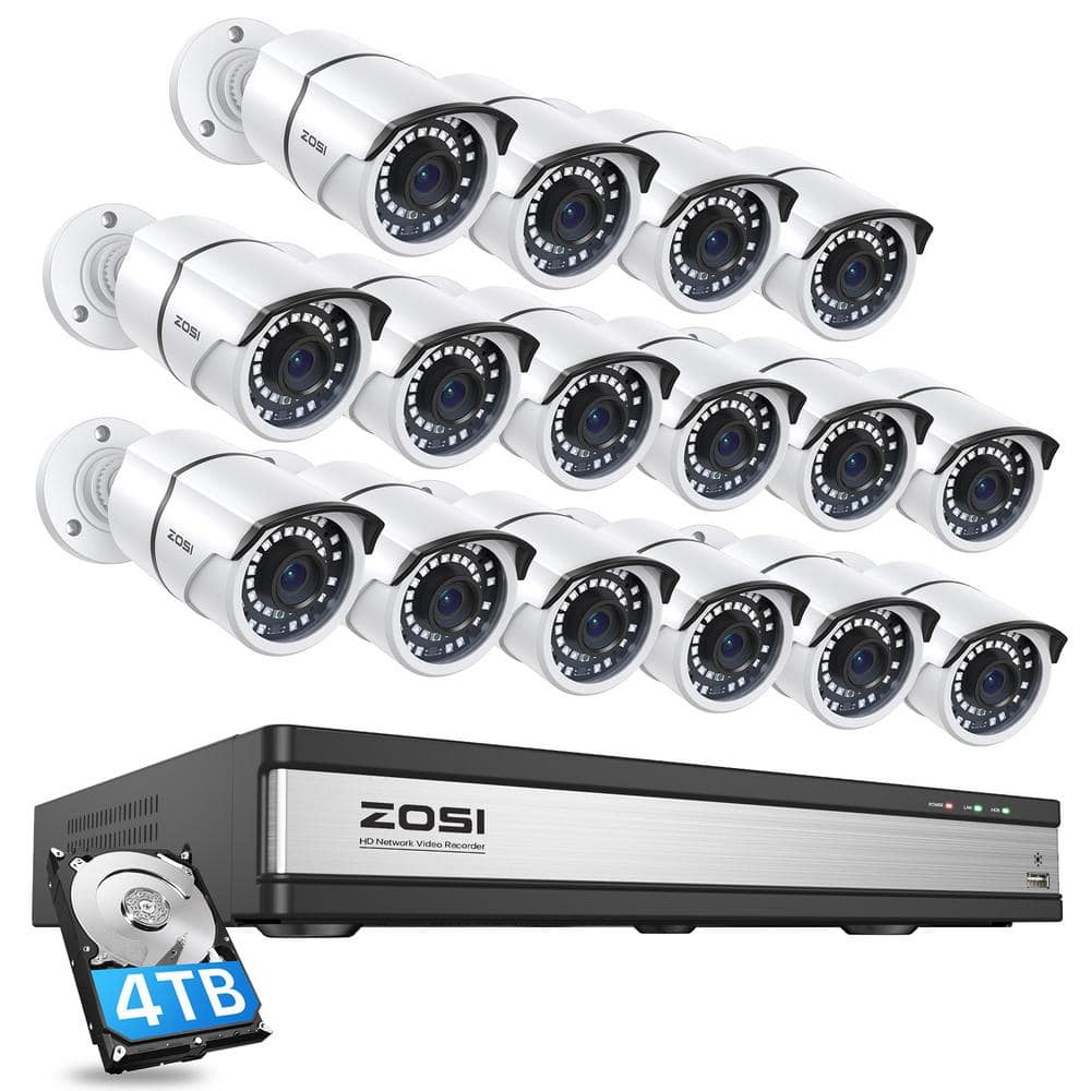 ZOSI 16-Channel 4K POE Security Cameras System with 4TB Hard Drive and 16 Wired 5MP Outdoor IP Cameras, 120 ft. Night Vision