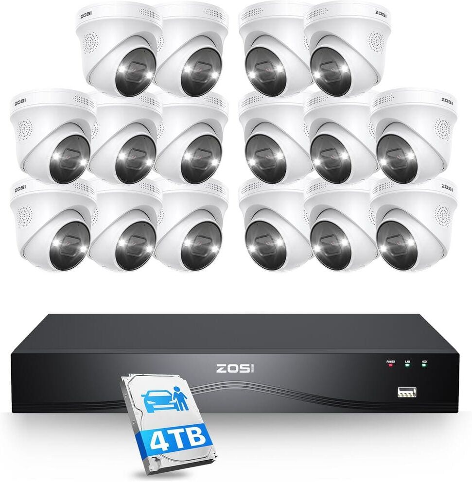 ZOSI 4K UHD 16-Channel(Up to 24CH) 4TB POE NVR Security System with 16 Wired 8MP Outdoor Dome Cameras, Dual-Disk Backup