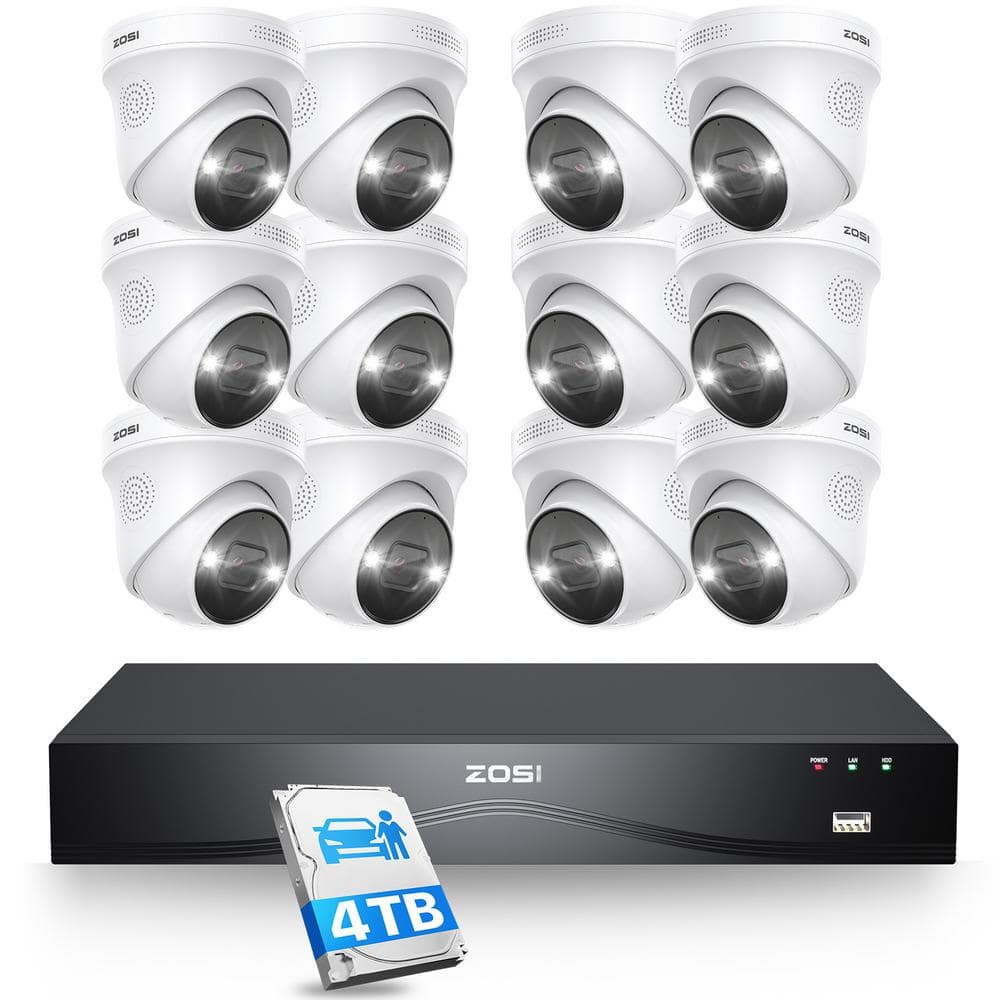 ZOSI 4K 16-Channel(Up to 24CH) 4TB POE NVR Security Camera System with 12-Wired 8MP Outdoor Dome Cameras, Dual-Disk Backup