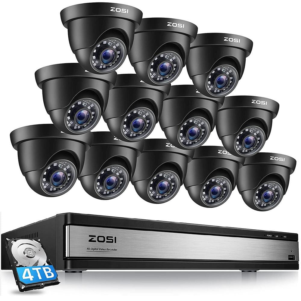 ZOSI 16-Channel 5MP-Lite 4TB DVR Security Camera System with 12 Wired 1080p Outdoor Dome Cameras, 80 ft. Night Vision