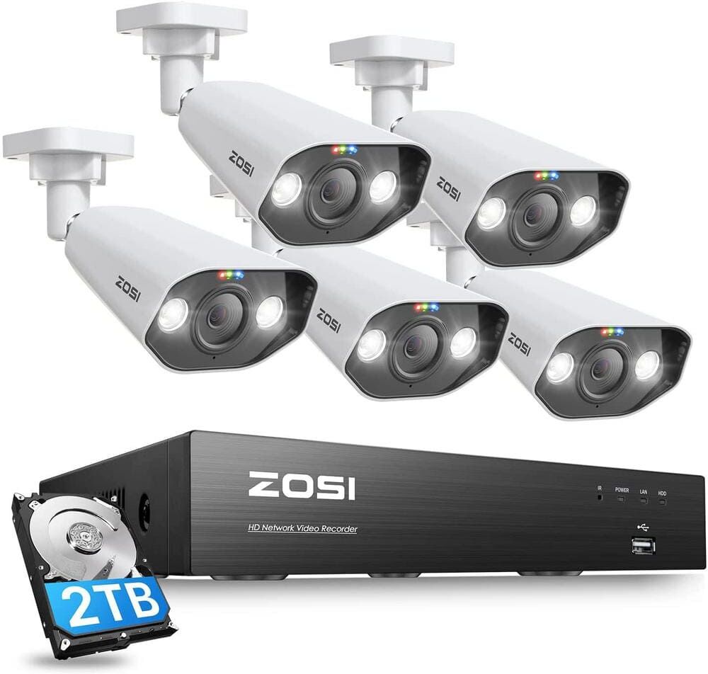 ZOSI Ultra HD 4K 8-Channel 2TB PoE NVR Home Security Camera System with 5 Wired 8MP Spotlight Cameras, 2-Way Audio