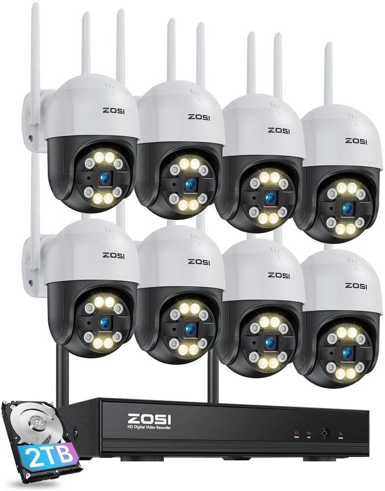 ZOSI Wireless 8-Channel 3MP 2K 2TB NVR Security Camera System with 8 360-Degree PTZ Outdoor Audio Cameras, Color Night Vision