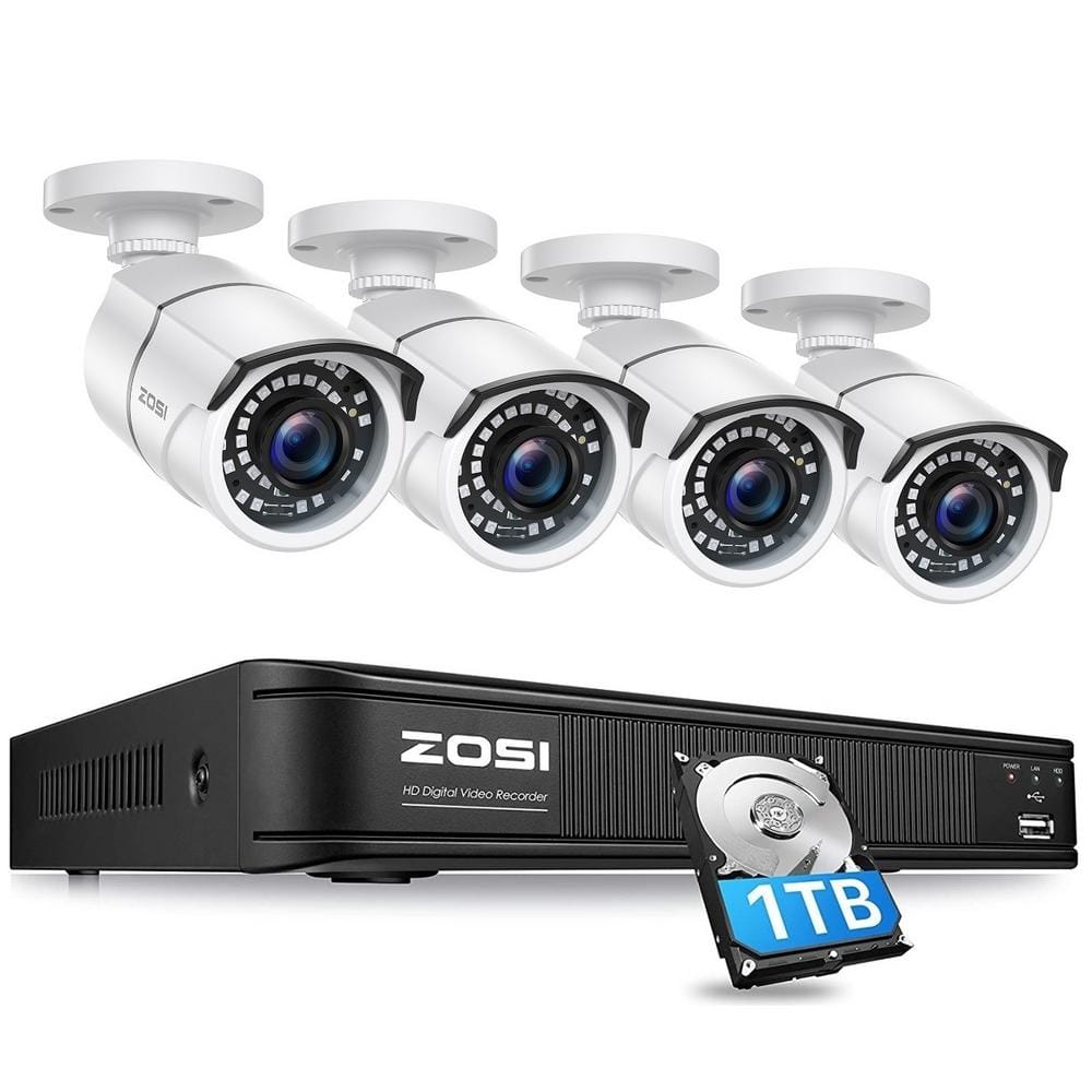 ZOSI 8 Channel 5MP-Lite 1TB DVR Outdoor/Indoor Security Camera System with 4 1080p Wired Bullet Cameras