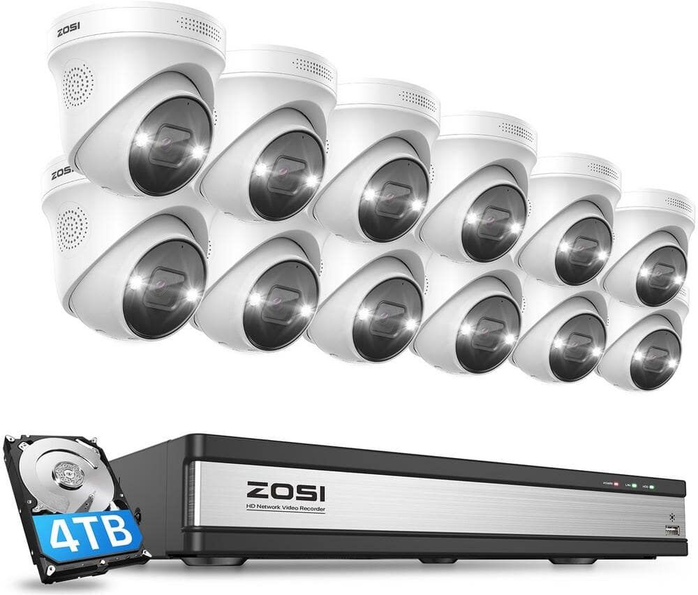 ZOSI 4K Ultra HD 16-Channel POE 4TB NVR Security Camera System with 12 Wired 8MP Spotlight Outdoor Cameras, 2-Way Audio