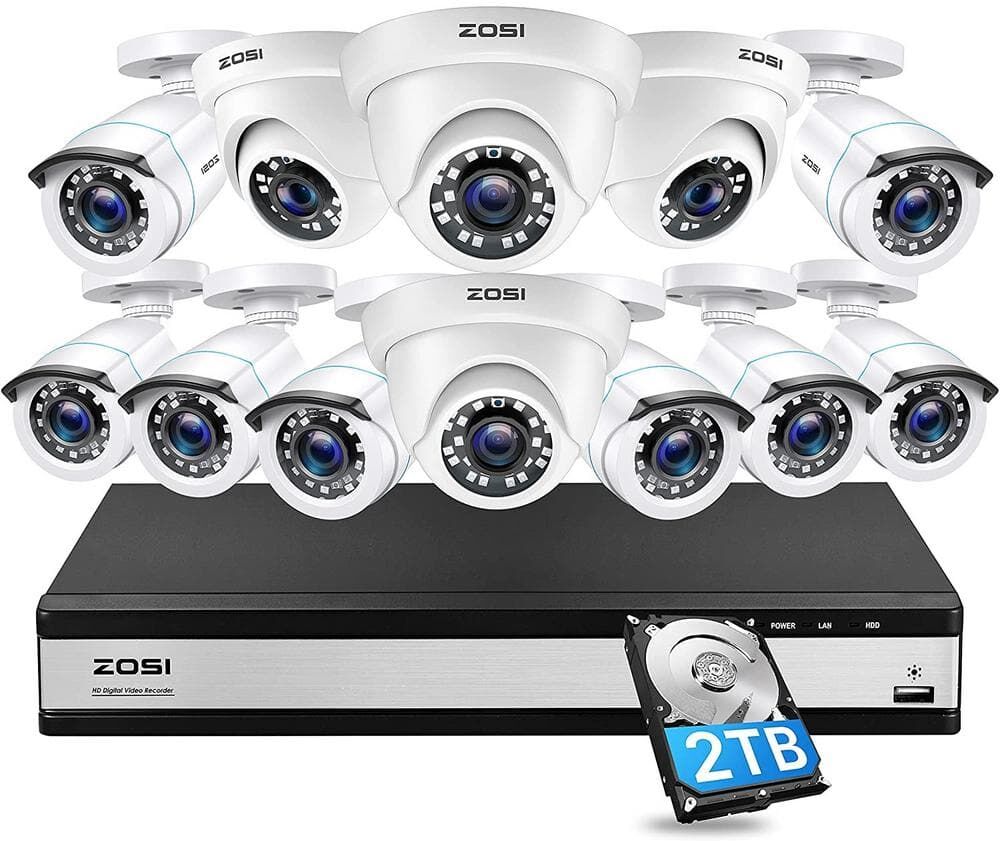 ZOSI 16-Channel 5MP-Lite 2TB DVR Security System with 4 1080p Dome Wired Cameras plus 8 1080p Bullet Cameras