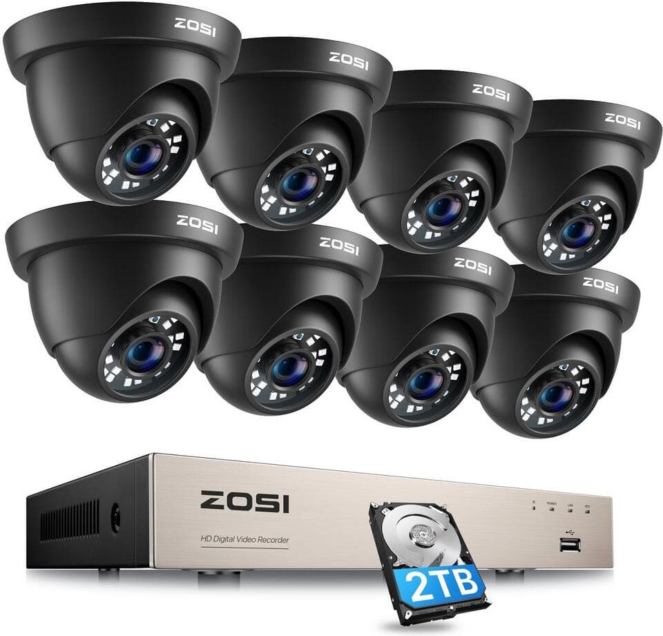 ZOSI 8-Channel 1080p 2TB Hard Drive DVR Security Camera System with 8-Wired Black Dome Cameras