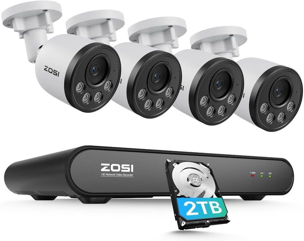 ZOSI 8-Channel 5MP POE 2TB NVR Surveillance System with 4-Wired 4MP 25 FPS Outdoor Bullet Cameras, Human Detection