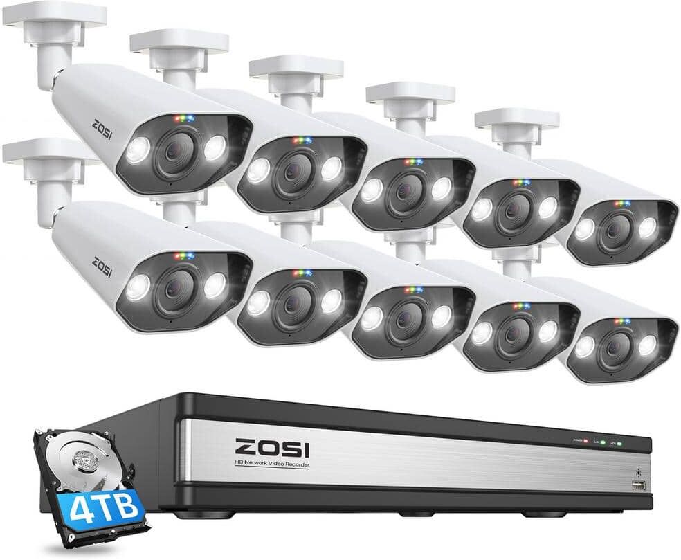 ZOSI 16-Channel 8MP PoE 4TB NVR Security Camera System with 10 Wired 8MP Spotlight IP Cameras, 2-Way Audio, Human Detection