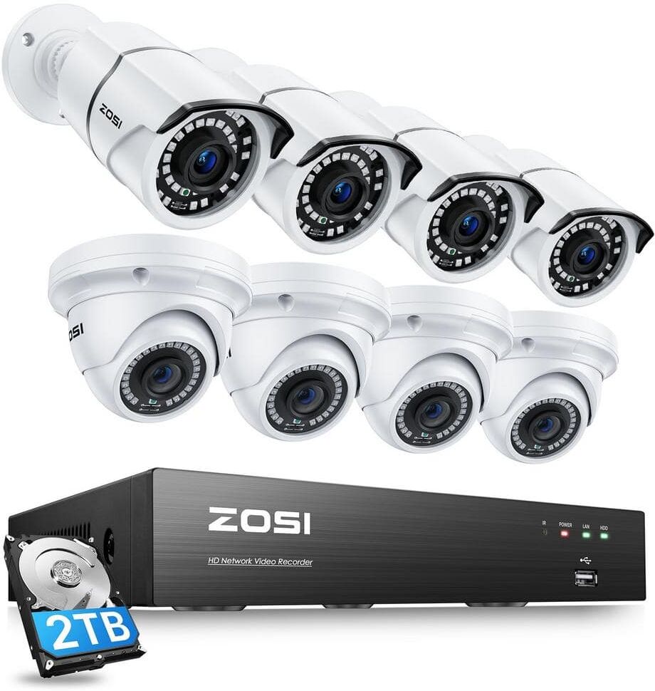 ZOSI 4K 8-Channel 5MP POE 2TB NVR Security Camera System with 8-Wired Outdoor Bullet/Dome Cameras, 120 ft. Night Vision