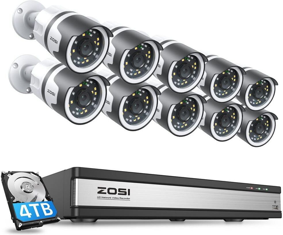 ZOSI 16-Channel 5MP POE 4TB NVR Security Camera System with 10-Wired 5MP Outdoor Cameras, Human Detection, 2-Way Audio