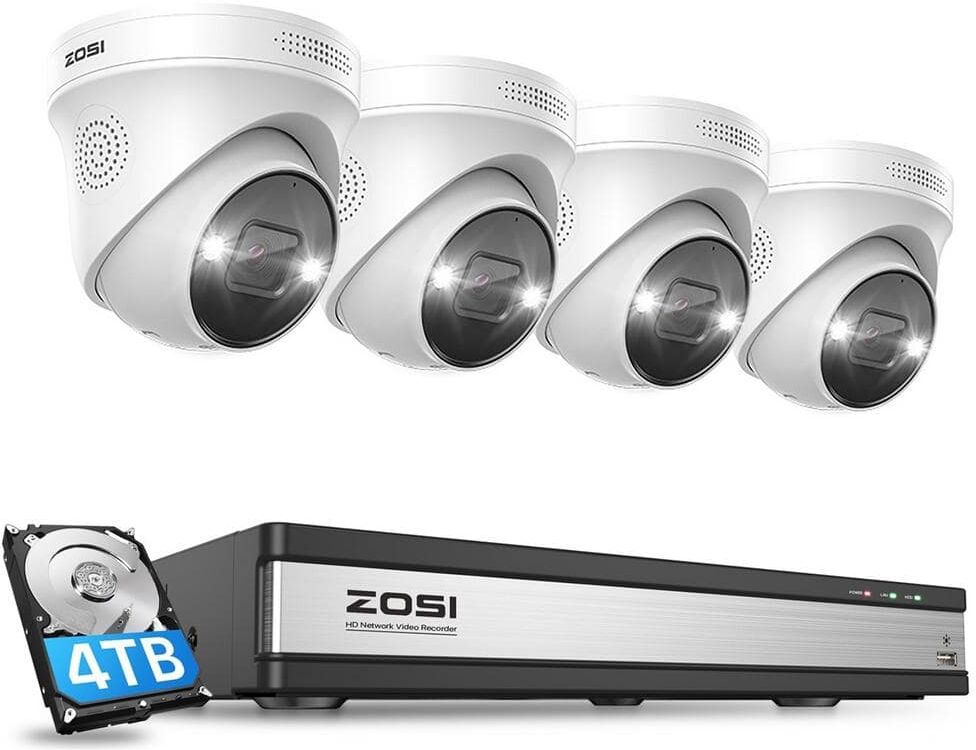 ZOSI 4K UHD 16-Channel POE 4TB Hard Drive NVR Security System with 4-Wired 8MP Spotlight Cameras, Color Night Vision