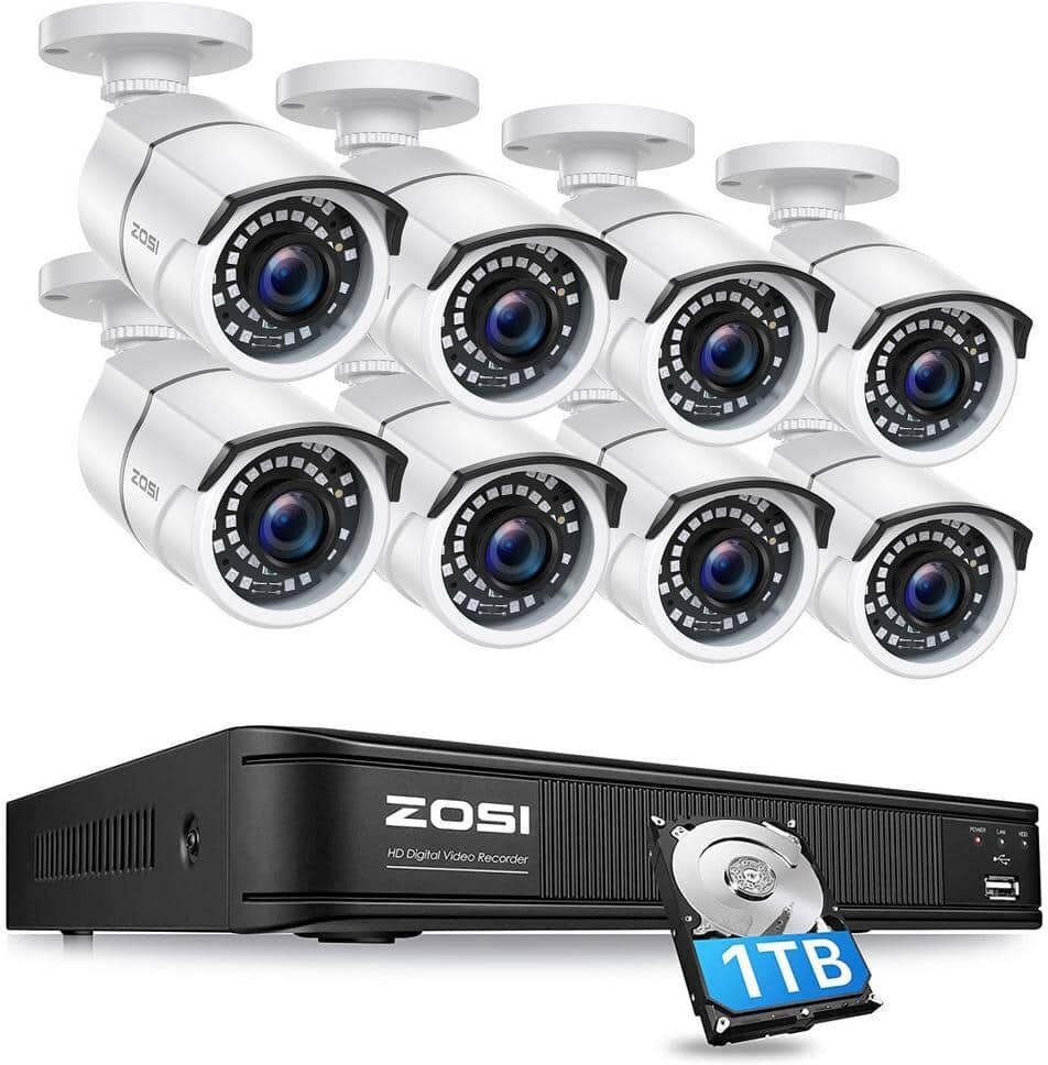 ZOSI 8 Channel 5MP-Lite 1TB DVR Outdoor/Indoor Security Camera System with 8 1080p Wired Bullet Cameras