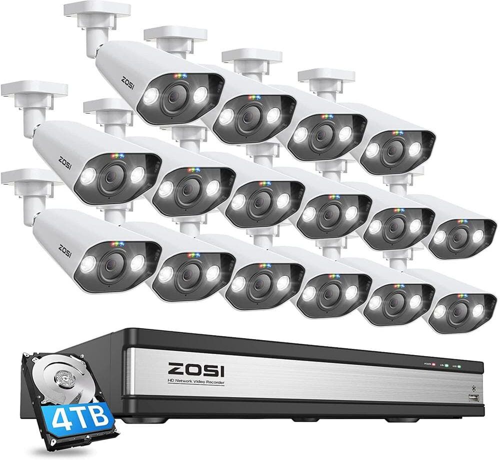 ZOSI 16-Channel 8MP PoE 4TB NVR Security Camera System with 16 Wired 8MP Spotlight IP Cameras, 2-Way Audio, Human Detection