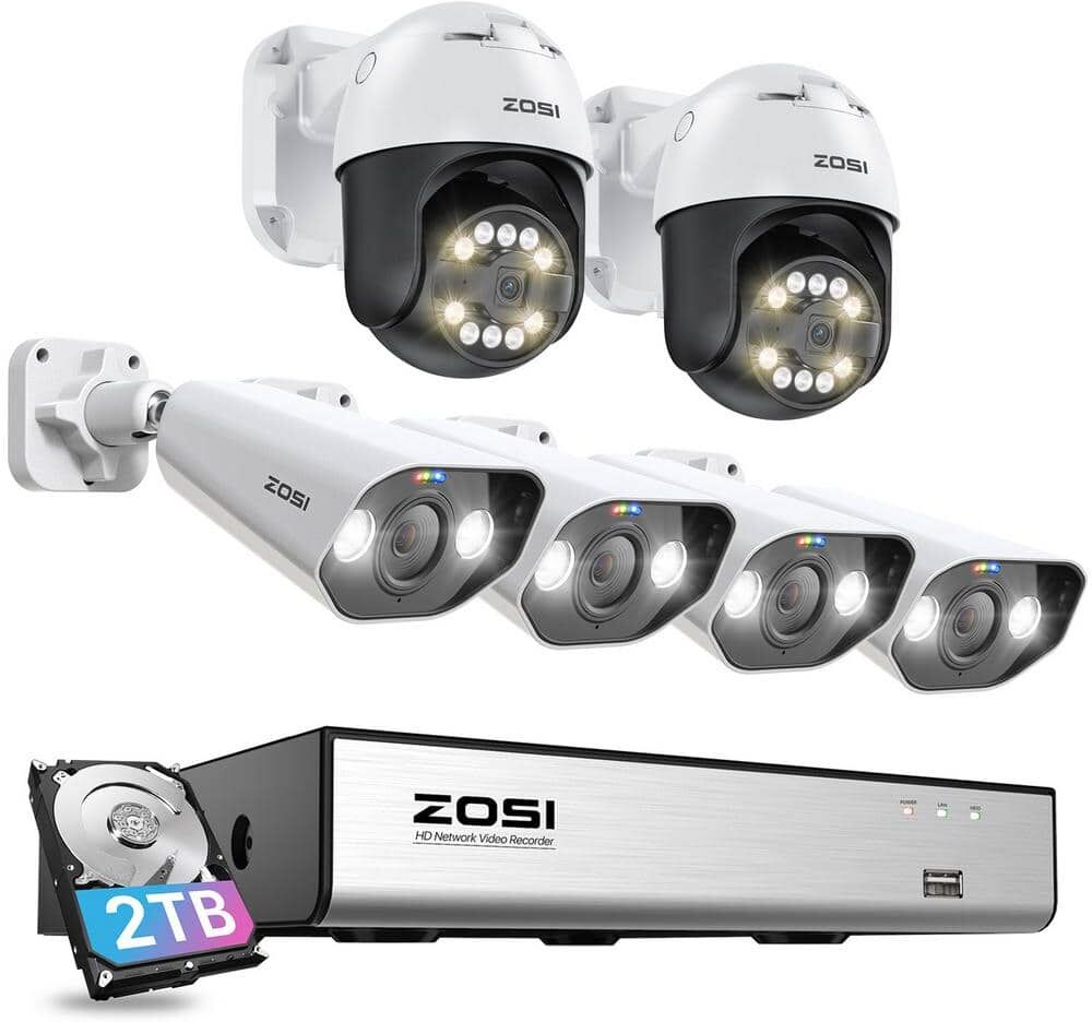 ZOSI 4K 8-Channel POE 2TB NVR Outdoor Security Camera System with 6-Wired 5MP Spotlight Cameras, 2-Way Audio