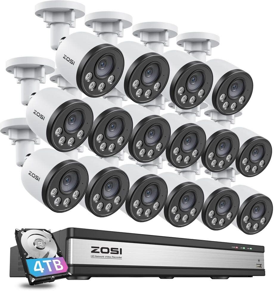 ZOSI 16-Channel POE 4TB NVR Security Camera System with 16 4MP Wired Bullet Cameras, 100 ft. Night Vision