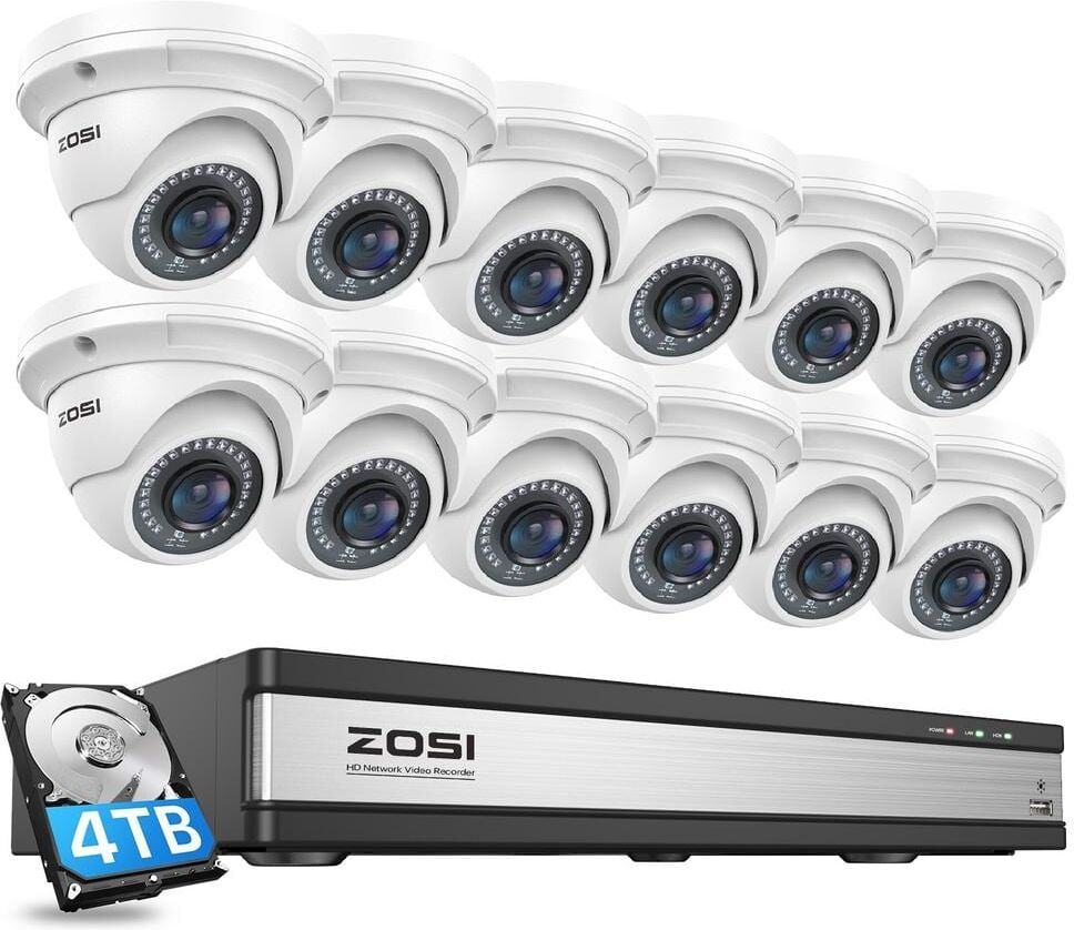 ZOSI 4K UHD 16-Channel POE NVR Security Camera System with 4TB HDD and 12 Wired 5MP Outdoor IP Dome Cameras