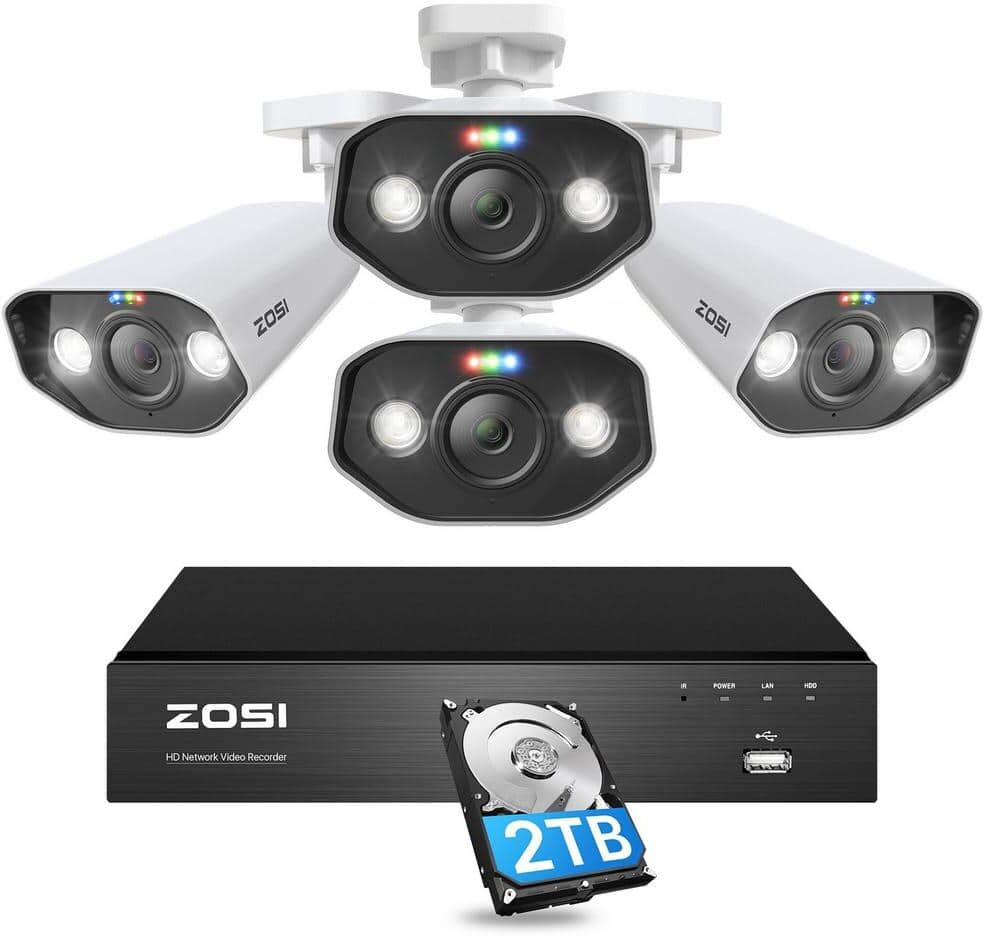 ZOSI Ultra HD 4K 8-Channel 2TB PoE NVR Home Security Camera System with 4 Wired 8MP Spotlight Cameras, 2-Way Audio