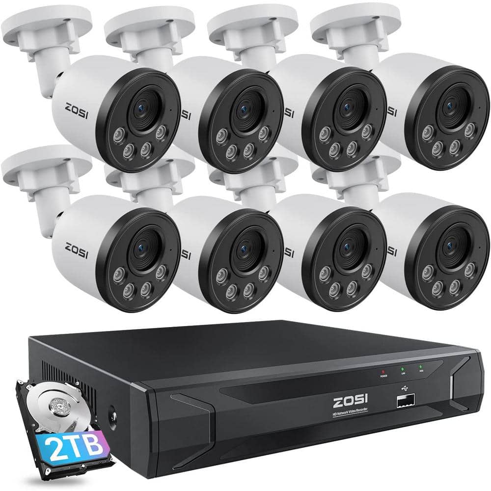 ZOSI 8-Channel 5MP POE 2TB NVR Security Camera System with 8 Wired 4MP 25fps Bullet Outdoor Cameras, Smart Human Detection