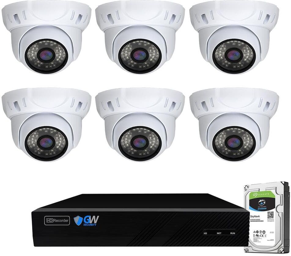 GW Security 8-Channel 5MP NVR 2TB Security Camera System with 6 Wired IP Cameras Turret Fixed Lens, Built-In Mic, Human Detection