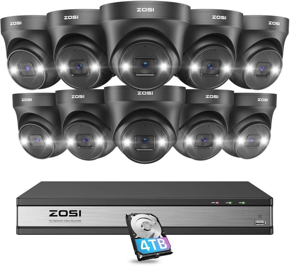 ZOSI 4K Ultra HD 16-Channel POE 4TB NVR Security Camera System with 10 Wired 8MP Spotlight Cameras, AI Human Car Detection