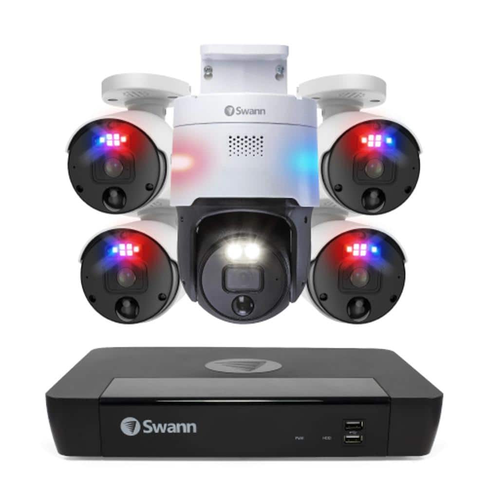 Swann 8-Channel 4K 2TB NVR Security Camera System with 4 Wired Bullet Cameras and 1 Wired PT Camera and FREE Analytics