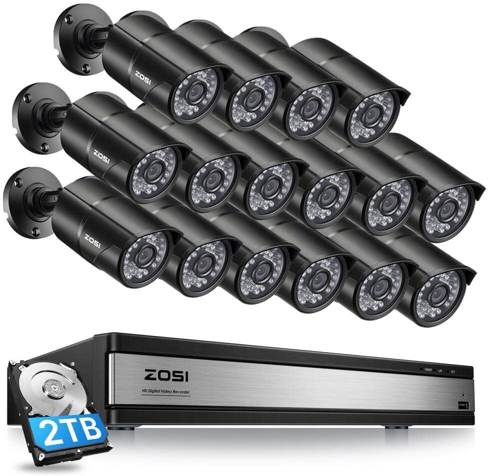 ZOSI 16-Channel 1080p 2TB DVR Security Camera System with 16 Wired Bullet Cameras