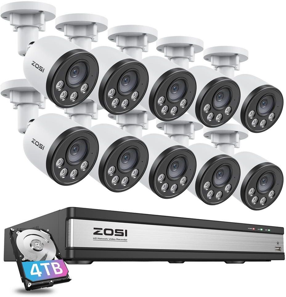 ZOSI 16-Channel POE 4TB NVR Security Camera System with 10 4MP Wired Bullet Cameras, 100 ft. Night Vision