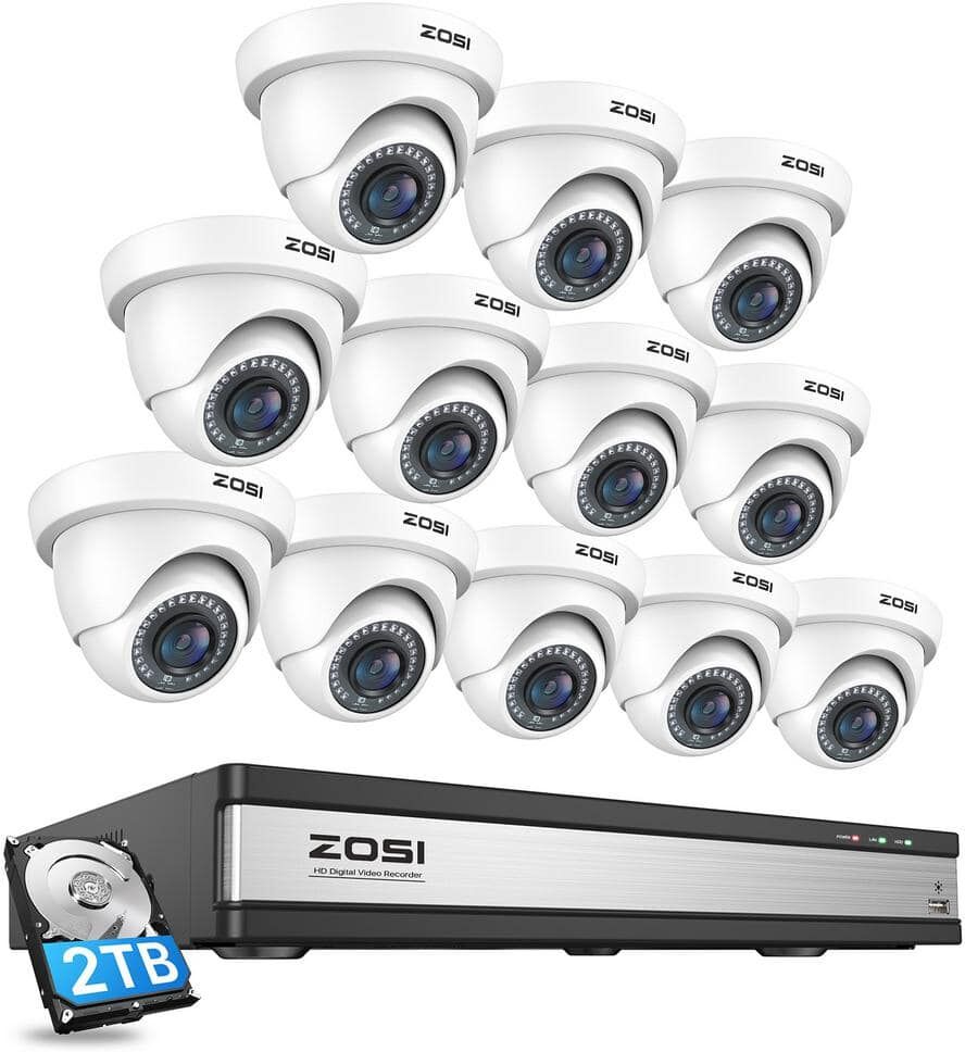 ZOSI 16-Channel 1080p 2TB DVR Security Camera System with 12 Wired Dome Cameras