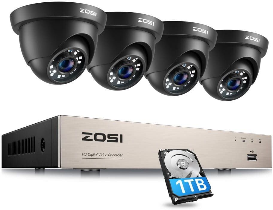 ZOSI H.265 Plus 8-Channel 5MP-Lite DVR 1TB Hard Drive Security Camera System with 4 X 1080p Wired Black Dome Cameras