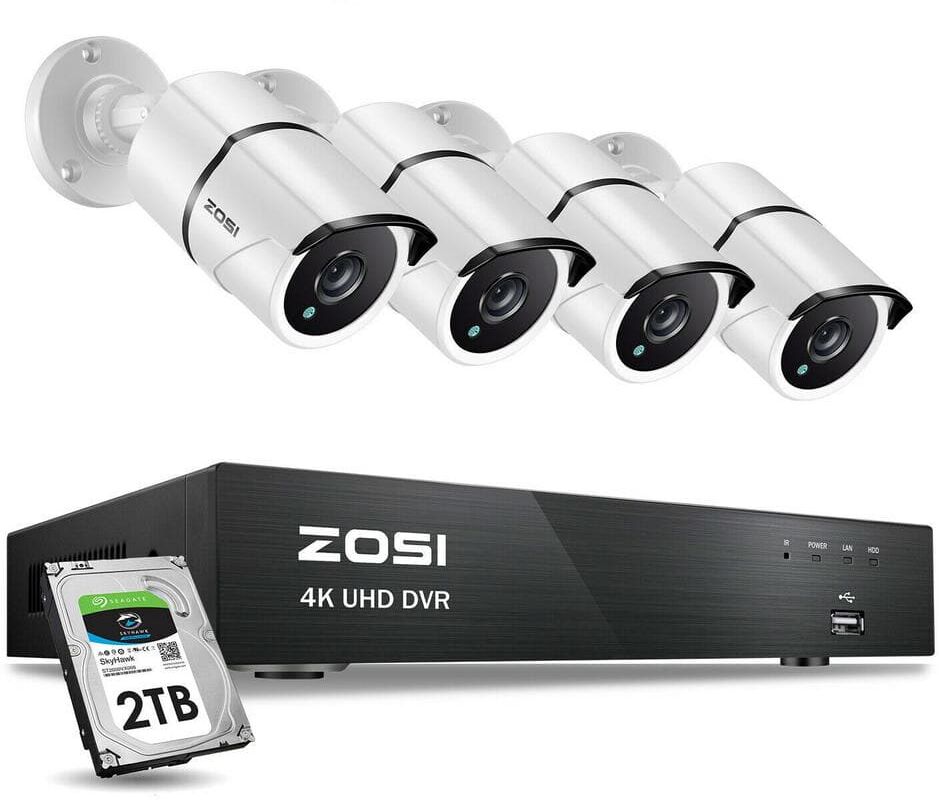 ZOSI 4-Channel 8MP 2TB Hard Drive DVR Surveillance System with 4-Wired Bullet Cameras