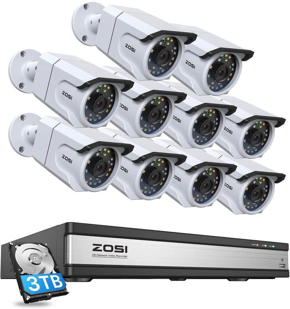 ZOSI 16-Channel 4K UHD 3TB NVR POE Security Camera System with 10-Wired 8MP Outdoor Surveillance Cameras, Audio Recording