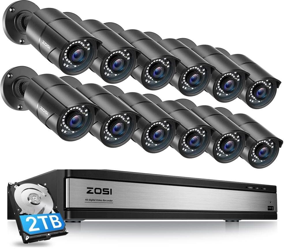 ZOSI 16-Channel 5MP-Lite 2TB Hard Drive DVR Security Camera System with 12 1080p Wired Bullet Cameras