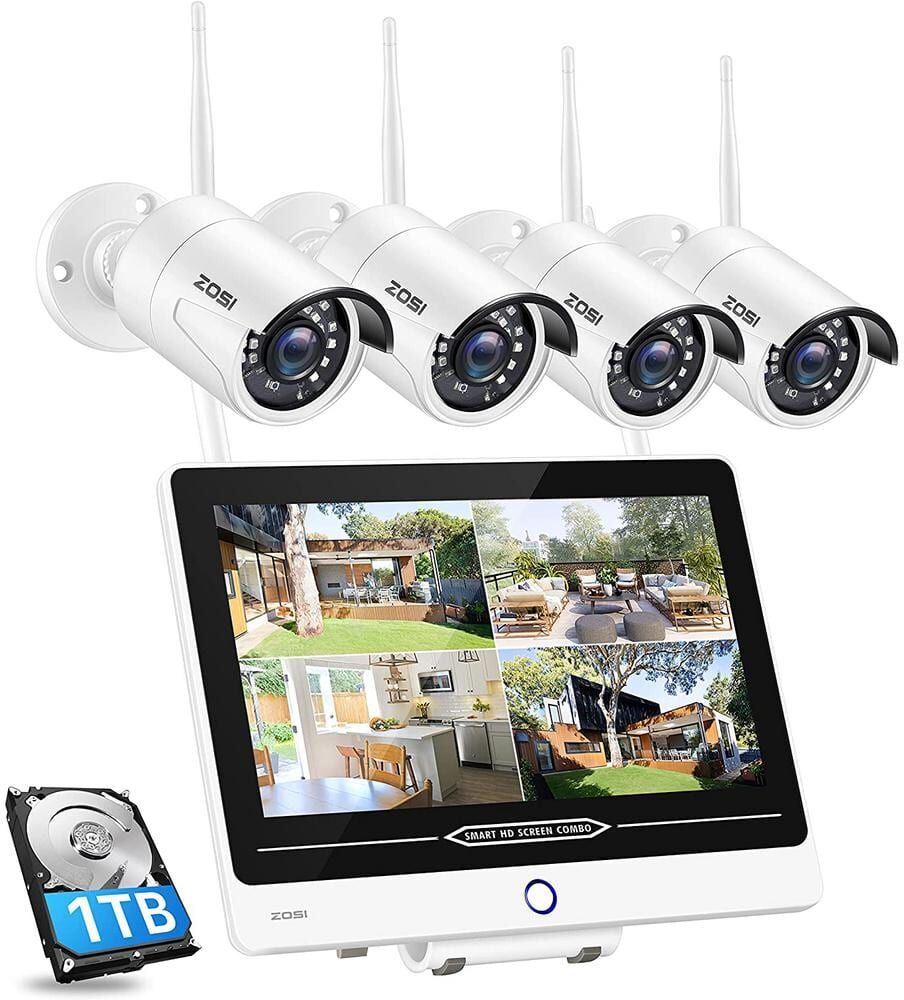 ZOSI H.265+ 8-Channel 1080p FHD 1TB NVR Security Camera System with 4-Wireless Bullet Cameras and 12.5 in. LCD Monitor