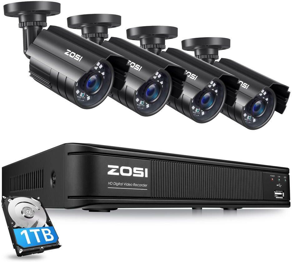 ZOSI H.265+ 8-Channel 5MP-LITE DVR 1TB Hard Drive Security Camera System with 4 1080p Wired Bullet Cameras, Remote Access