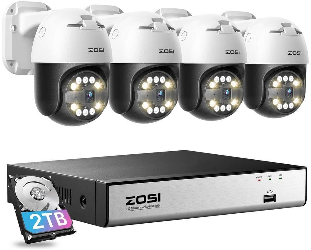 ZOSI 8-Channel 5MP 3K 2TB POE NVR Security System with 4 Wired Outdoor PTZ Cameras, 5X Digital Zoom